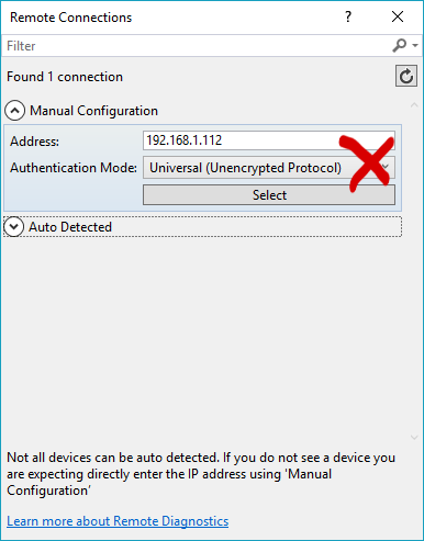 Screenshot of incorrect way to connect