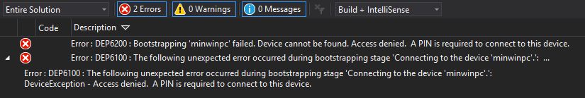 Screenshot of errors